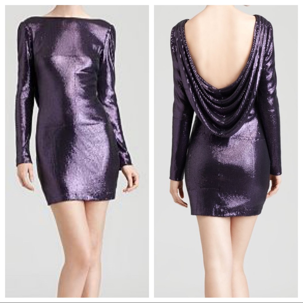 Purple Sequin Draped-Back Long-Sleeved Mini Dress